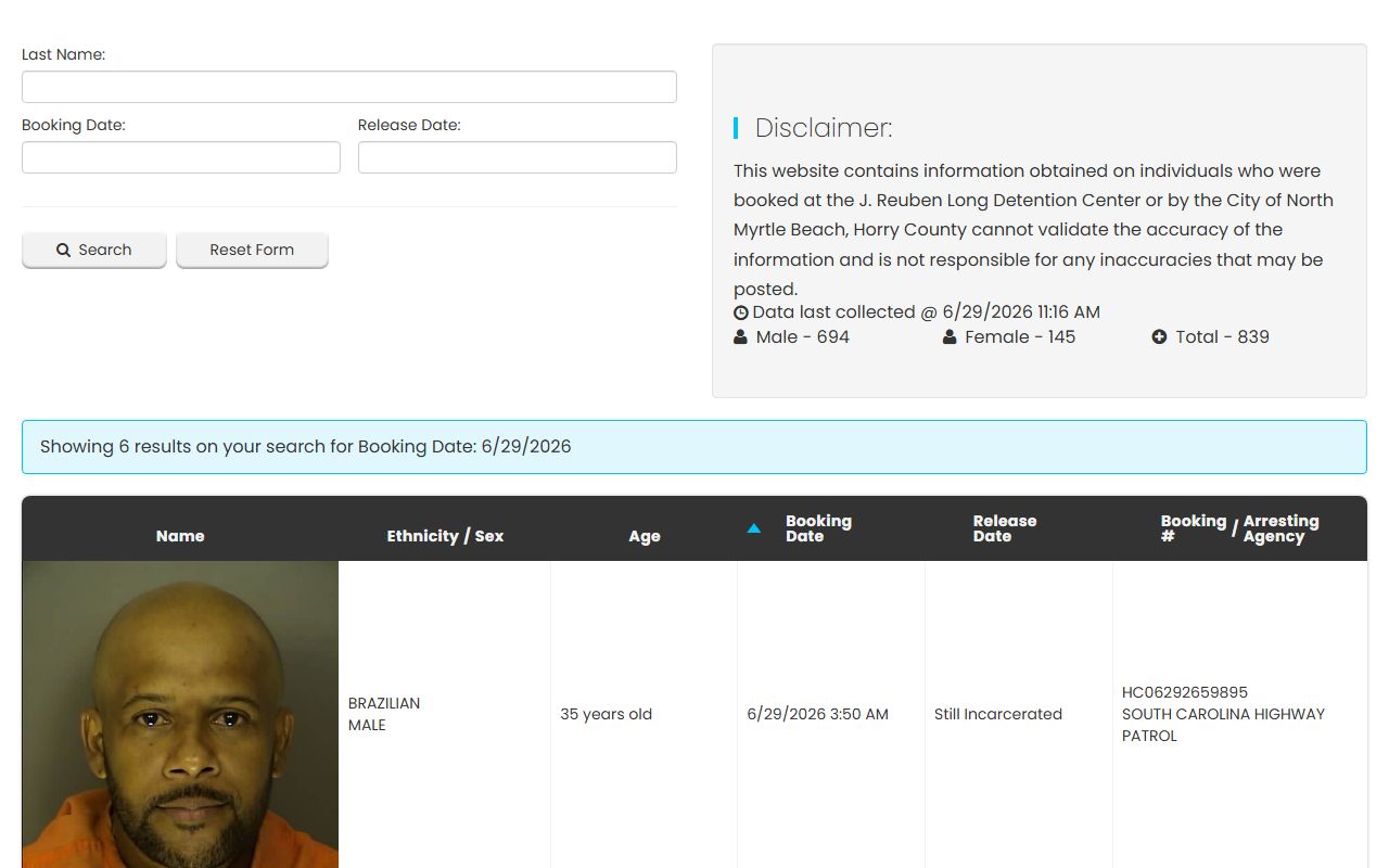 Horry County inmate population jail bookings app search fields