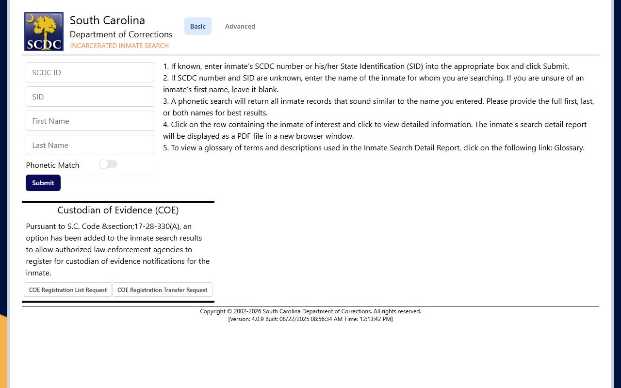 South Carolina Department of Corrections public inmate search interface